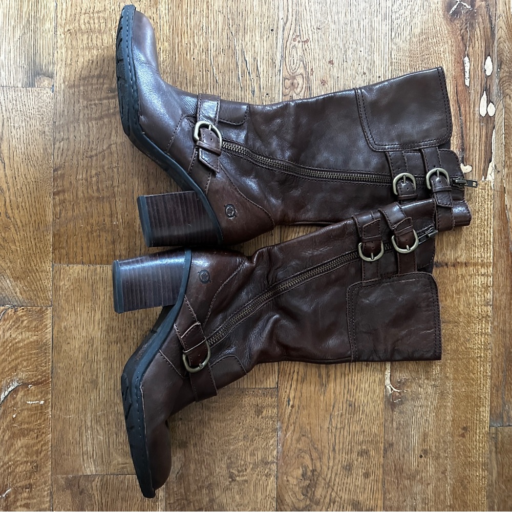 Healed brown leather boots